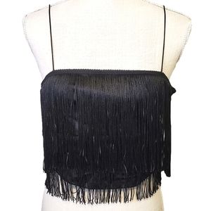 ZARA | Women's black fringe faux-leather croptop. Size medium.
